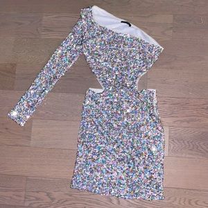 Multi colored sequined off the shoulder dress.
